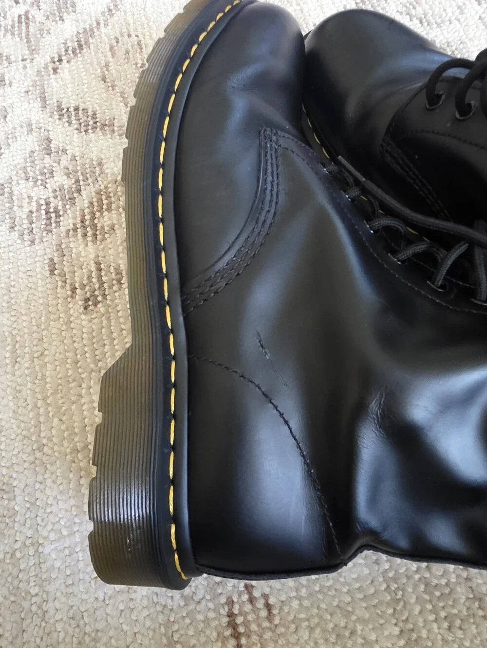 Dr. Martens Black Leather Lace-Up Boots with Yellow Stitching